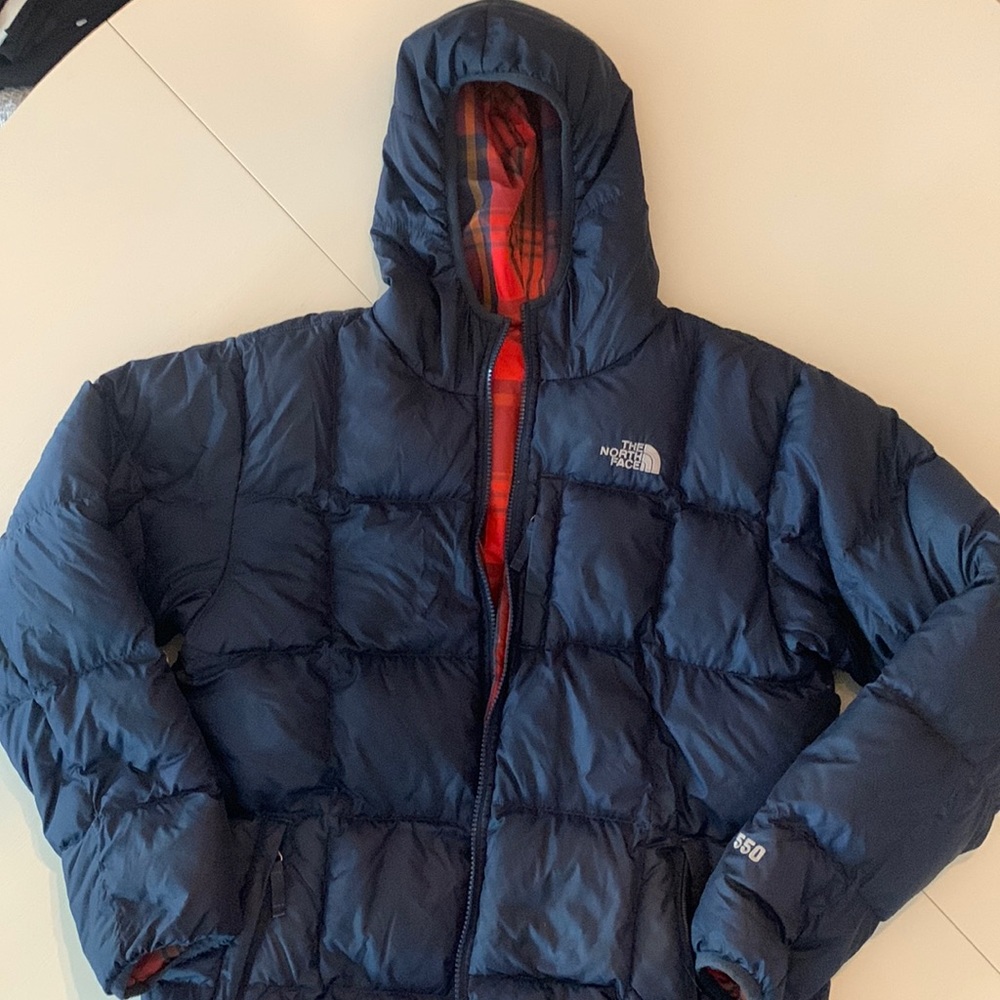 North Face 550 Down Navy/Plaid fully reversible hooded puffer jacket, boys sz XL